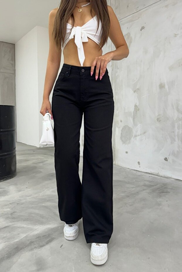 Ola Women's Black Casual High Waist Lycra Wide Leg Denim Jeans