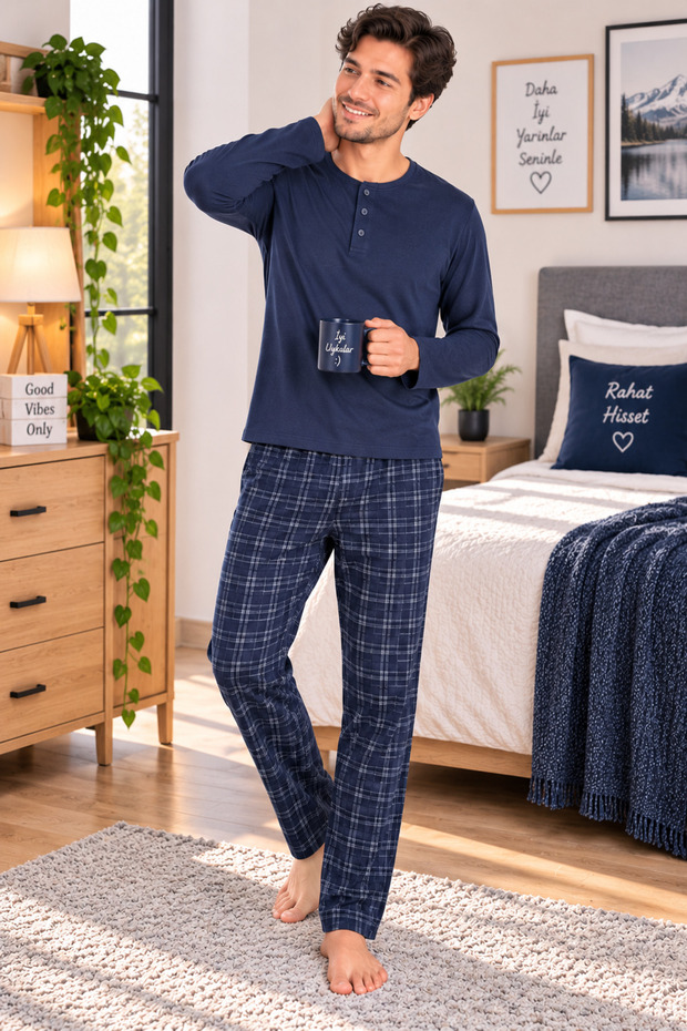 Men's Pajama Set Long Sleeve Navy Blue Plaid Patterned Bottom Top Set