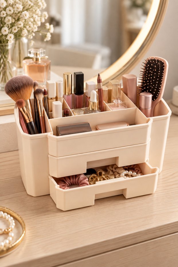 Glow Series Smart 2-Drawer Desktop Makeup Organizer Cosmetic Organizer – Cream