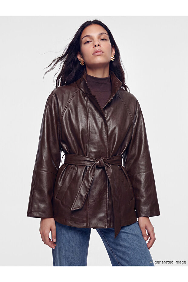 Lcw Vision Brown Stand Collar Belted Women's Leather Look Jacket