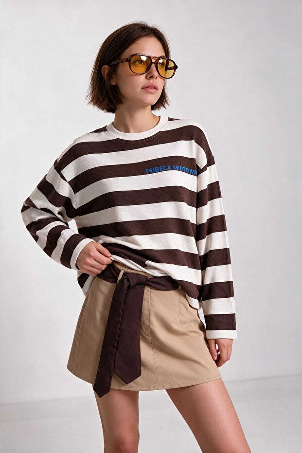 Striped Printed Oversize Knitted Sweatshirt Lub0398 Brown Ecru