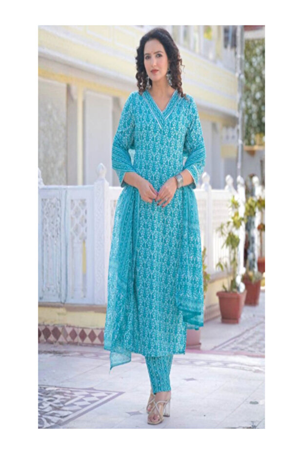 Turquoise Viscose Ethnic Print Kurta Set - TRT1238 | Turquoise-Size:L-40-Inches