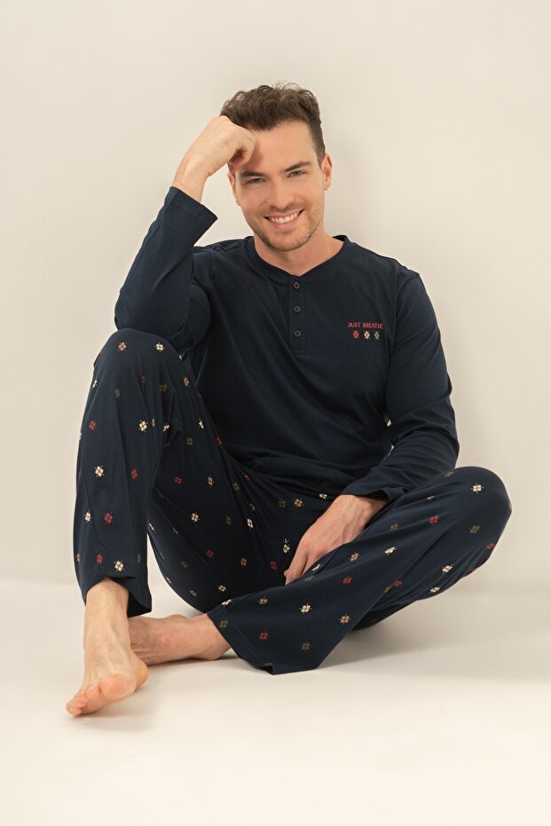 Men's Navy Blue 100% Cotton Pajama Set, Buttoned Crew Neck, Pocket Detail