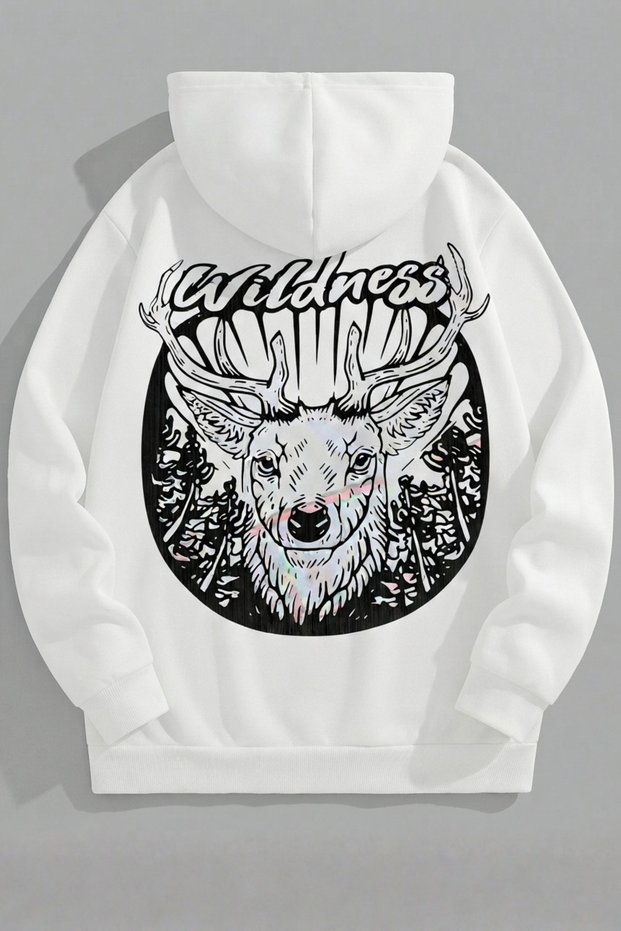 Unisex 3 Thread Cotton White Kralwildness Print Loose Fit Sweatshirt Hoodie