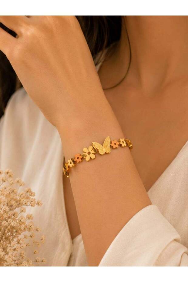 Anti-Tarnish Gold-Tone Butterfly and Flower Design Bangle for Women