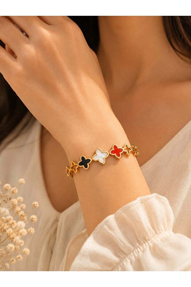 Anti-Tarnish Golden Clover Charm Bangle with Multi-Color Enamel Accents