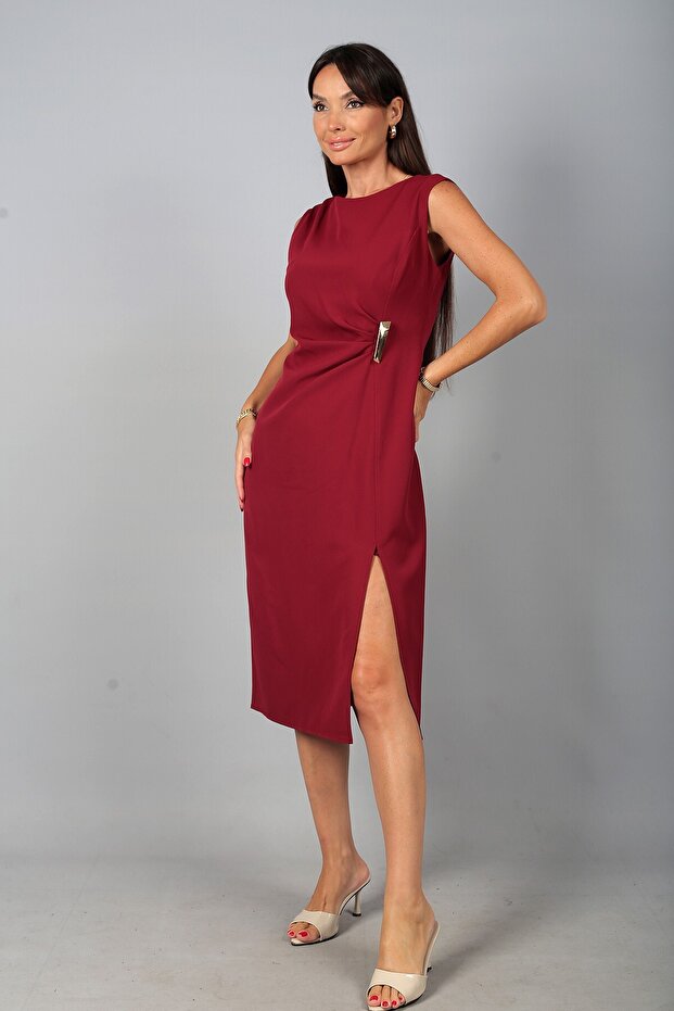Women's Double Skirt Slit Front Pleated Lined Buckle Midi Dress