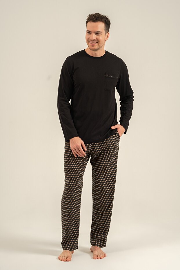 Men's Black 100% Cotton Long Sleeve Pajama Set, Crew Neck, Pocket Detail