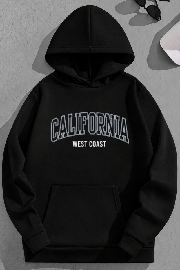 Unisex 3 Thread Cotton Black Califwestcoast Print Loose Fit Sweatshirt Hoodie