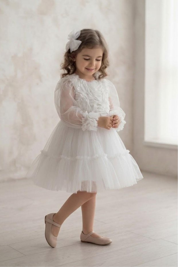 3D Rose Pattern Long Tulle Sleeves Girls Dress with Ruffles at Hem