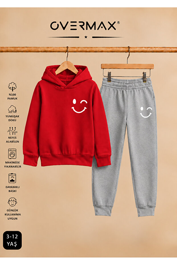Children's Smile Printed Hooded Tracksuit Set - Ages 3-12