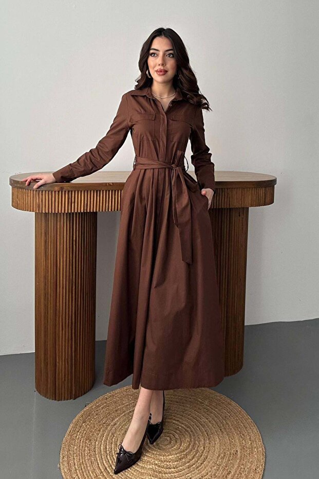 Brown Buttoned Poplin Dress