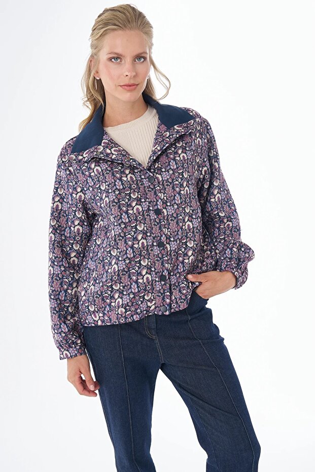 Floral Pattern Stand Collar Jacket 73006