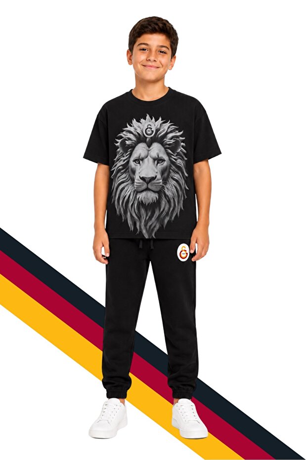 Children's Lion Printed Black T-Shirt and Black Sweatpants, Tracksuit Set