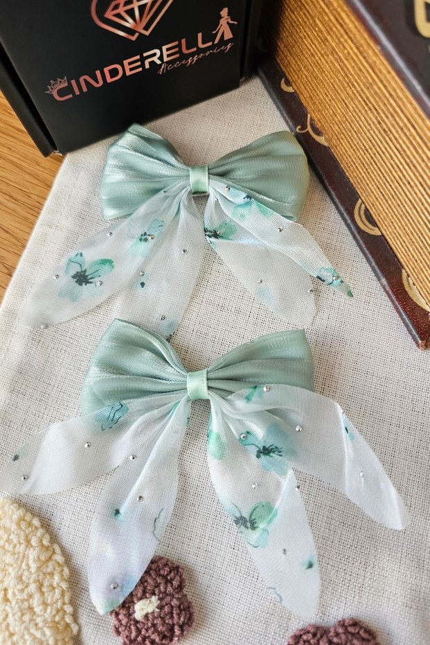 Set of 2 Water Green Mini Stone Tulle Bow Girls' Hair Clips - Floral Tail Clip Hair Clips