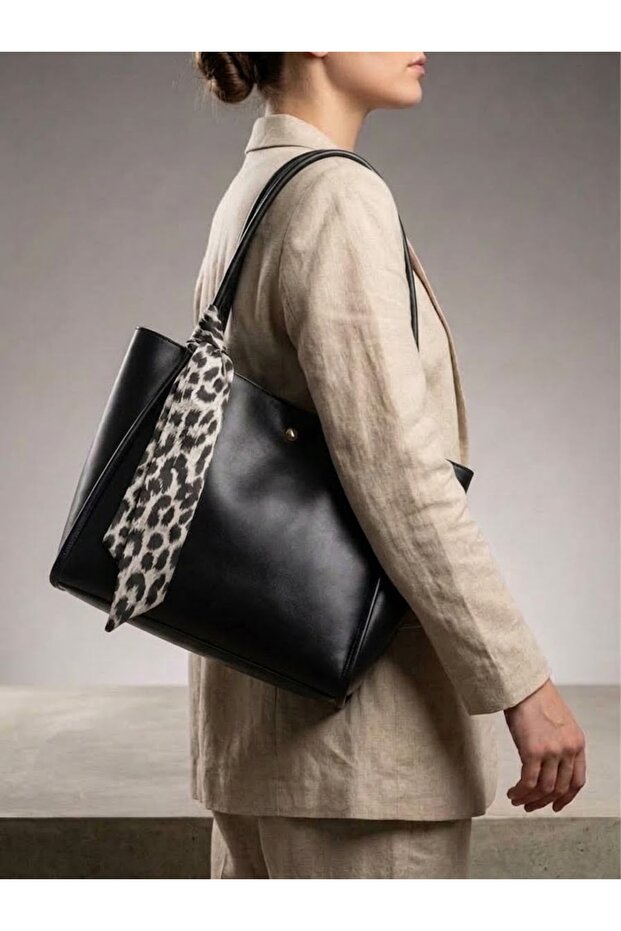 Women's Black Multi-Compartment Zippered Faux Leather Shoulder Bag with Scarf Gift Bag