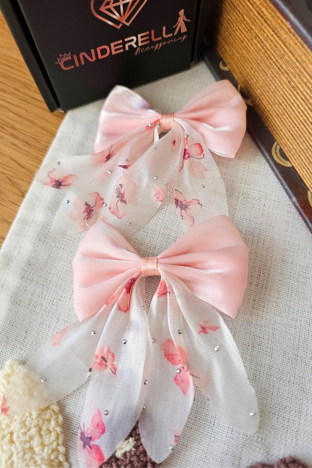 Set of 2 Powder Pink Mini Stone Tulle Bow Hair Clips for Girls - Floral Patterned Clip-On Hair Clips