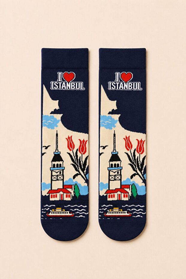 I Love Istanbul Maiden's Tower and the Bosphorus Patterned Unisex Socks Navy Blue 💙 🌷 ⛴️