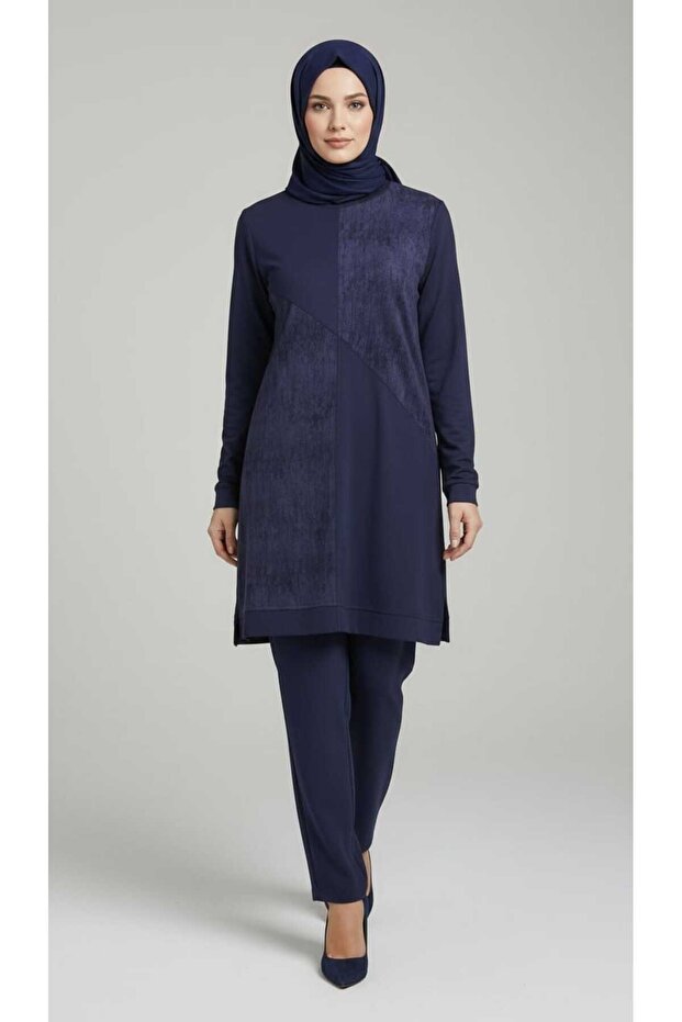 Women's Middle-Aged and Older Women's Tunic with Stone Front, Six-Stripe Pants with Sewn Front Pockets, Elastic Waist, Two-Piece Set