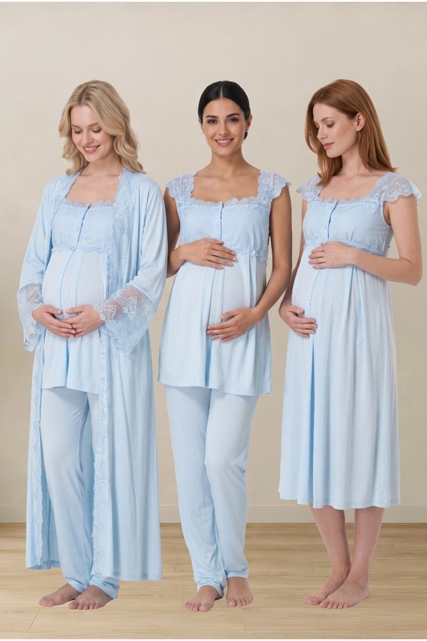 Women's Blue Full-Length Lace-Up Nursing Detailed Maternity Pajama Nightgown Set with Dressing Gown