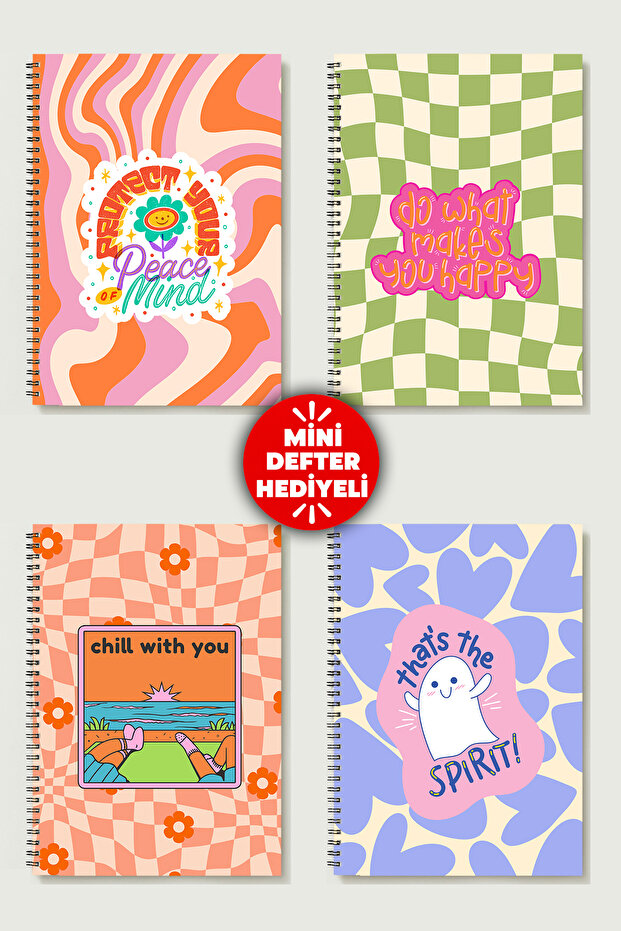 Peaceful and Happy Themed Set of 4 A5 Metal Spiral Bound 2 Pcs. Striped- 2 Pcs. Checkered Cardboard Cover Peaceful and Happy Themed 4-Piece Notebook Set