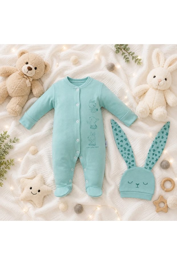 Long Ears Detailled Rabbit Jumpsuit Set with Own Gloves