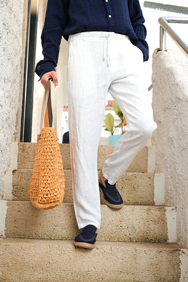 Sardis White 100% Linen Men's Trousers