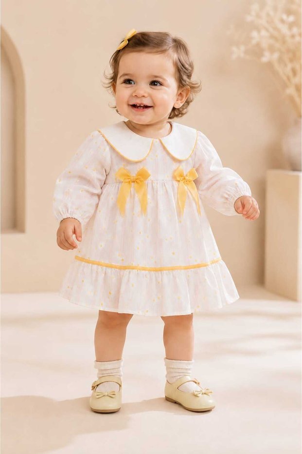 Baby Girl Daisy Embroidered Roba Double Bow Baby Collar Long Sleeve Dress
