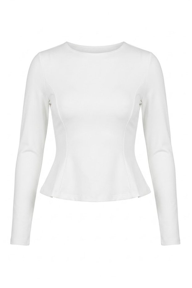 Crew Neck Skirted Hem Long Sleeve Blouse Ecru