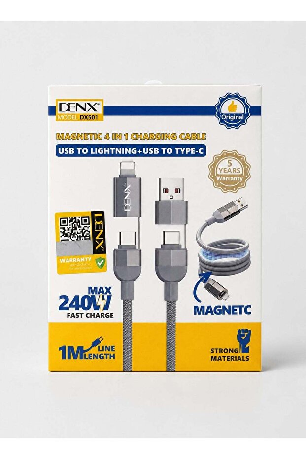 DENX DX501 Magnetic 4-in-1 Charging Cable – USB to Lightning & Type-C, 240W Fast Charge
