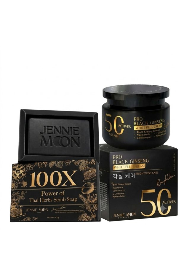 Skincare COMBO PACK Black Ginseng Brightening Cream 250g & Thai Herbs Scrub Soap 160g, Face & Body Skincare Combo for Smooth Radiant Skin