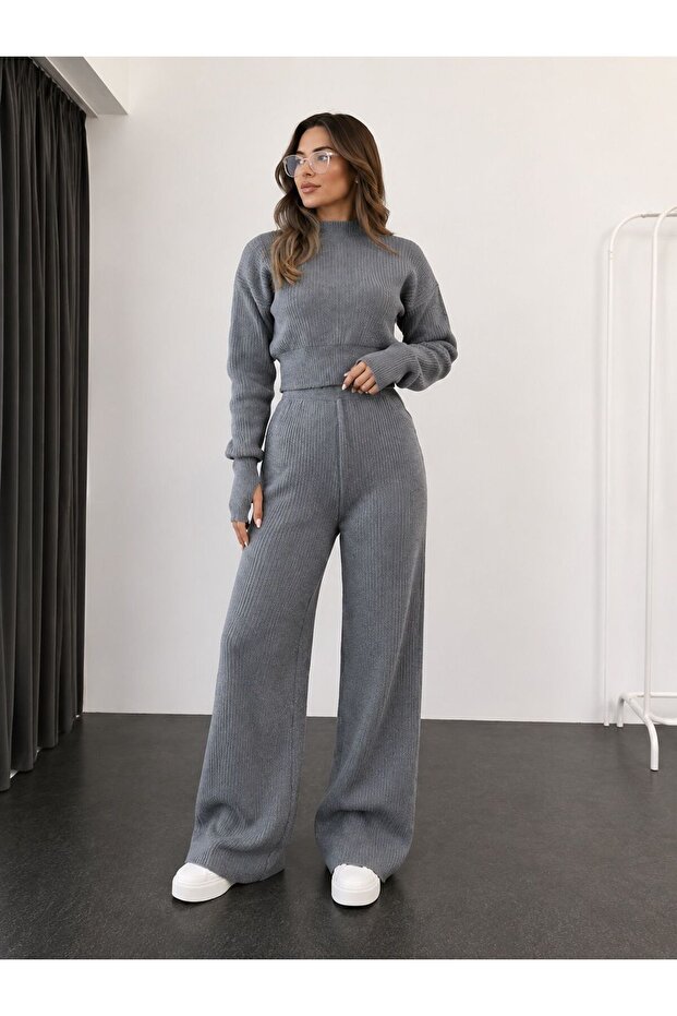 Finger-Looped Crop Sweater Long Pants Knitwear Two-Piece Set