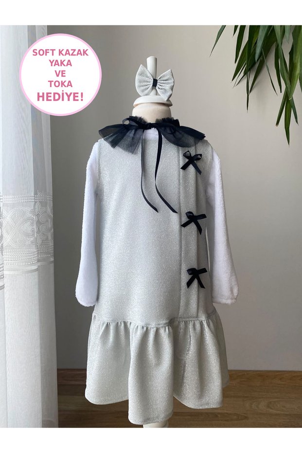Girl's Glittery Gilet Dress with Ribbon and Collar Decoration, Soft Sweater with Gift
