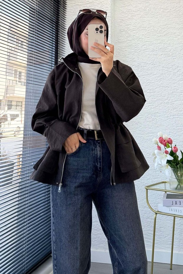 Premium Waist-Tie Stand Collar Short Trench Coat - Brown
