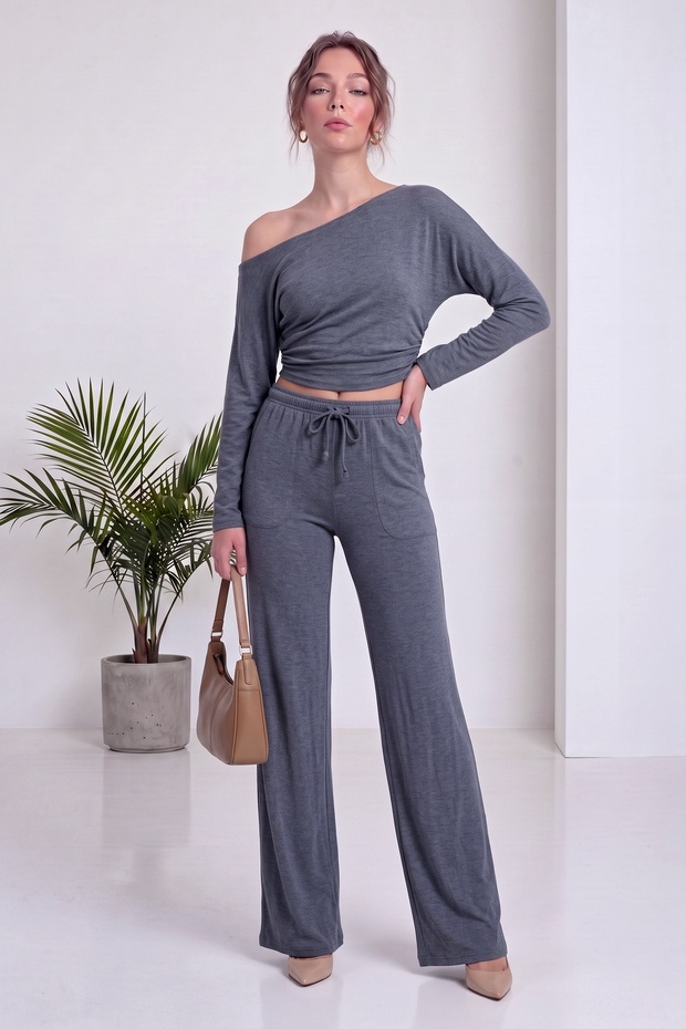 Women's Drawstring Lace-Up Comfortable Cut Double Suit Set Beige, Black, Anthracite
