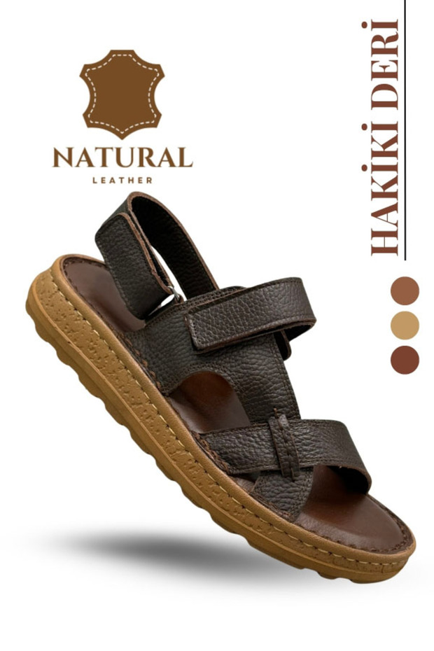Genuine Leather Men's Sandals - Soft Thick Soled Genuine Leather Men's Sandals K Şır Kahve