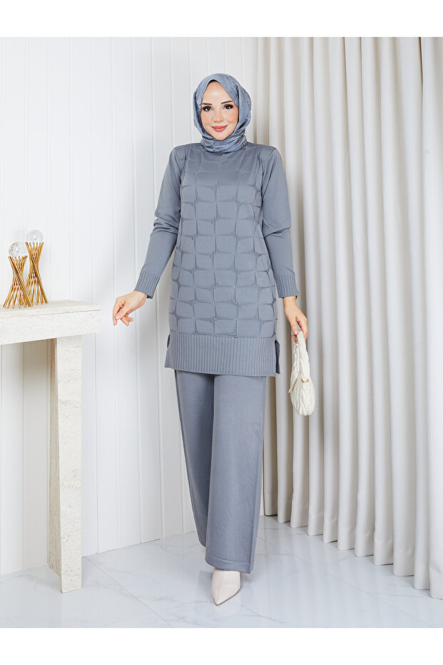 New Season Cold Yarn Self-Star Patterned Tunic Trouser Set