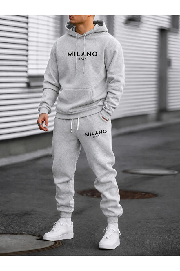 Unisex Cotton Milano Italy Printed Oversize Hooded Top and Bottom Tracksuit Set