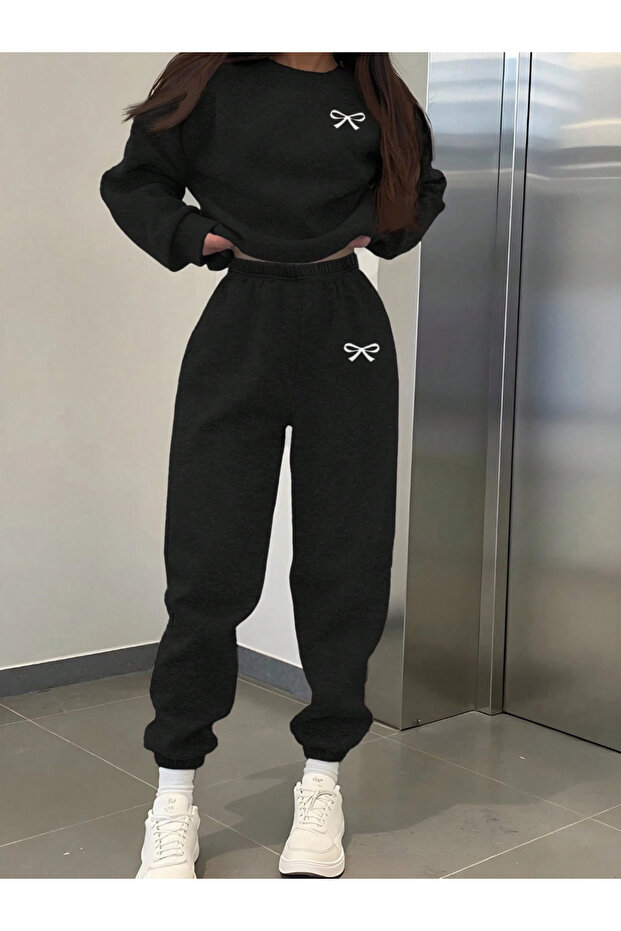 Unisex Cotton Bowknot Printed Oversize Crew Neck Top and Bottom Tracksuit Set