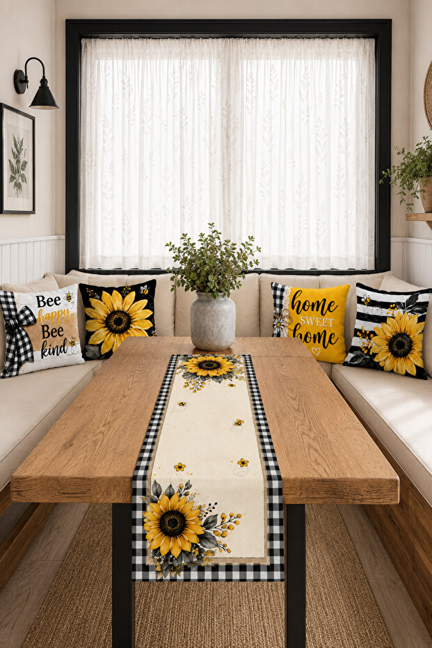 Sunflower Bee and Black and White Plaid 4-Piece Throw Pillow Cover Runner Set