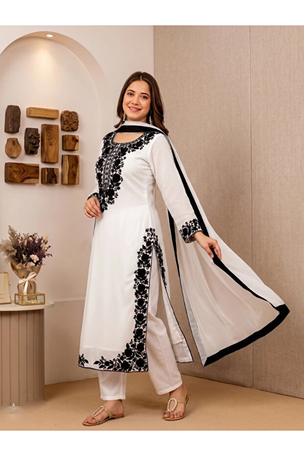 White Georgette Embroidered Three-Piece Suit Set - LRN9652 | White & Black-Size:2XL-44-Inches