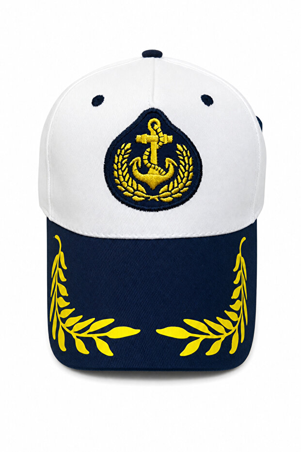 White Navy Blue Anchor Emblem Sailor Cap Adjustable Unisex Sports Hat