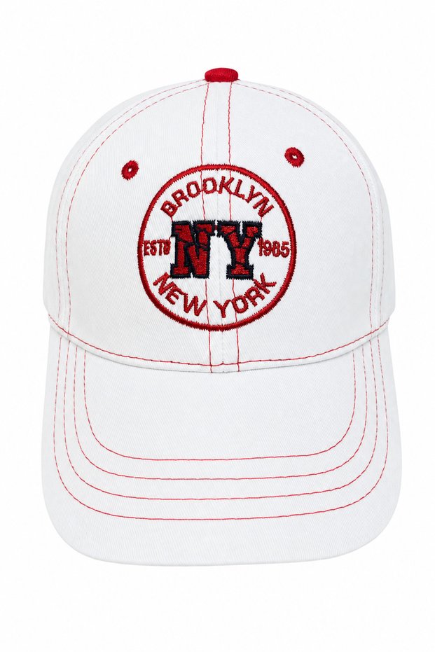 Unisex White Brooklyn Ny Embroidered Sports Cap with Red Detail