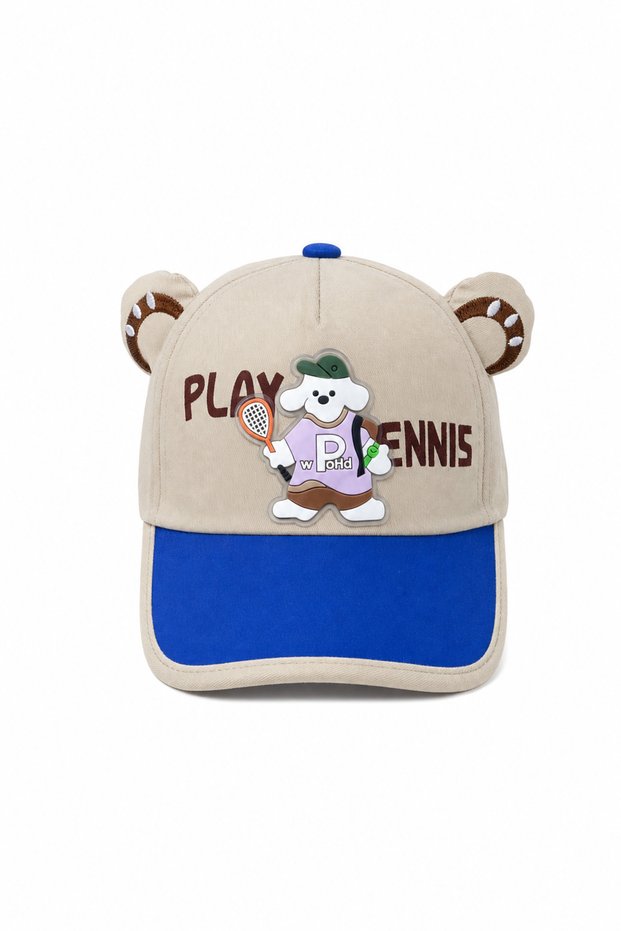 Children's Tennis Themed Dog Figured Baseball Cap with Ears and Blue Brim