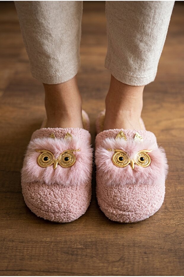 Women's Powder Plush Owl Figured House Slippers - Warm Soft Soled Winter Room Slippers