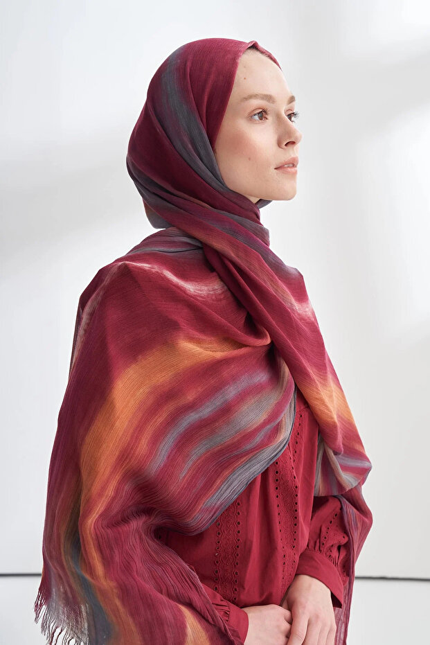 Organic Touch Viscose Blend Patterned Shawl - Burgundy - Gray
