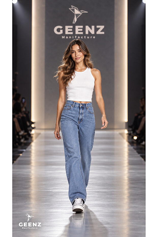 Women's Lycra Light Blue Snow Wash Palazzo Wide Leg Super High Waist Jean Trousers