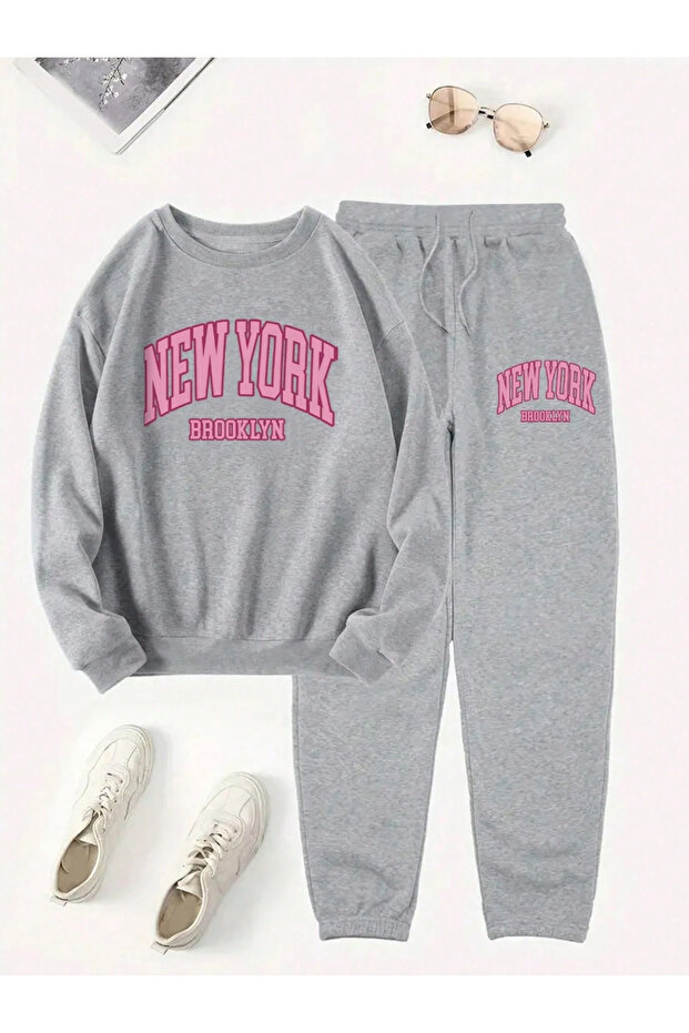 Unisex Cotton New York Brooklyn Printed Oversize Crew Neck Top and Bottom Tracksuit Set