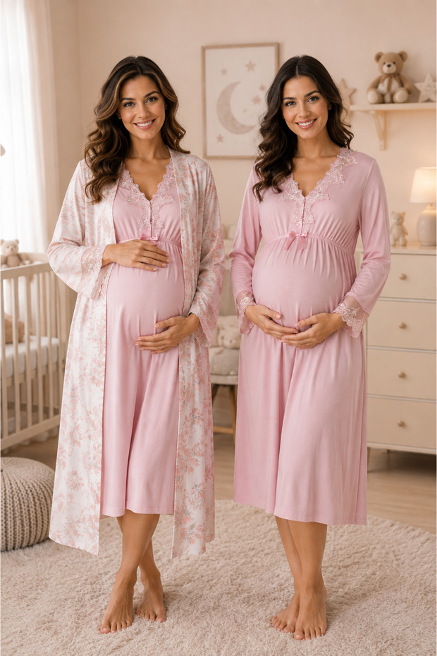Breastfeeding Feature Cotton Long Sleeve Maternity Nightgown Set Effortt