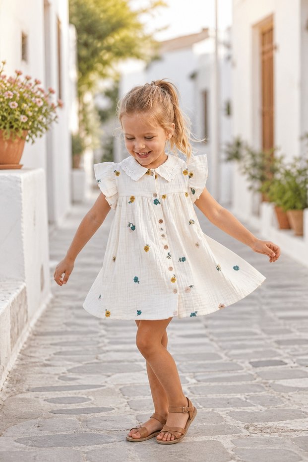 Girl's Beige Floral Muslin Dress